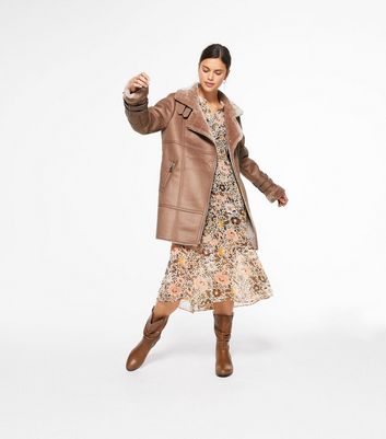 Mink Leather-Look Long Aviator Coat 