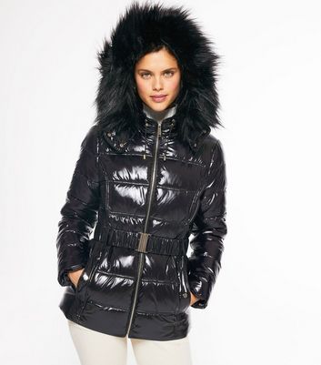 Black Hooded Wet Look Puffer Jacket New Look