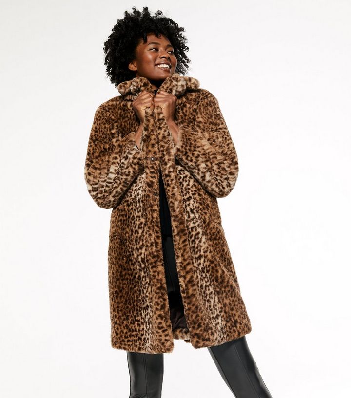 Brown Leopard Print Faux Fur Long Coat New Look Brown Leopard Print Faux Fur Long Coat, Animal Faux Fur Long Coat