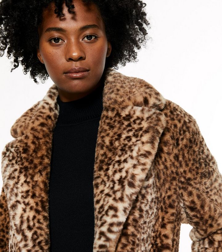 Brown Leopard Print Faux Fur Long Coat, Animal Faux Fur Long Coat
