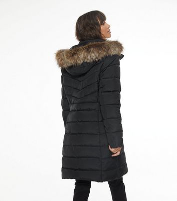 long black padded coat with fur hood