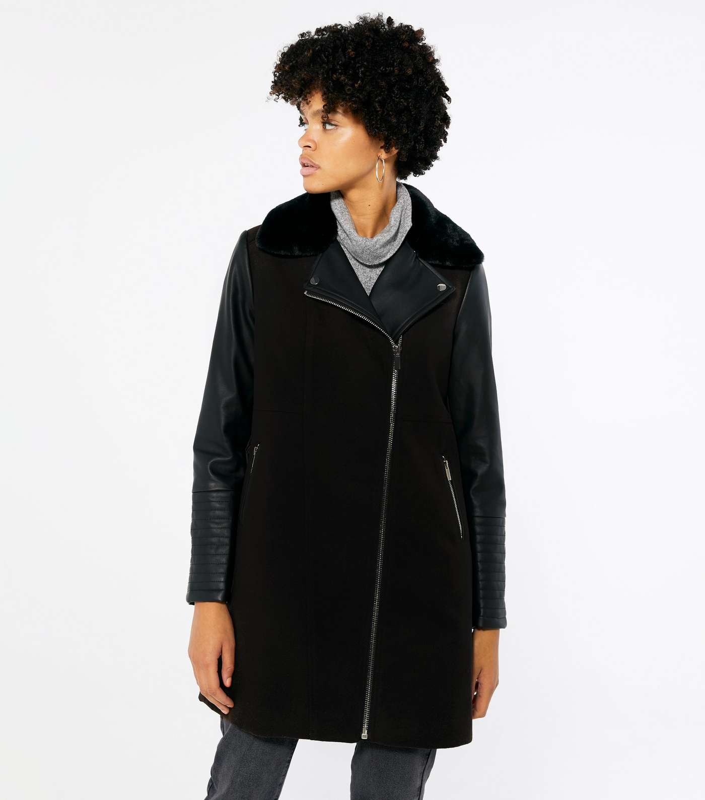 Black Leather-Look Sleeve Collared Coat Image 2