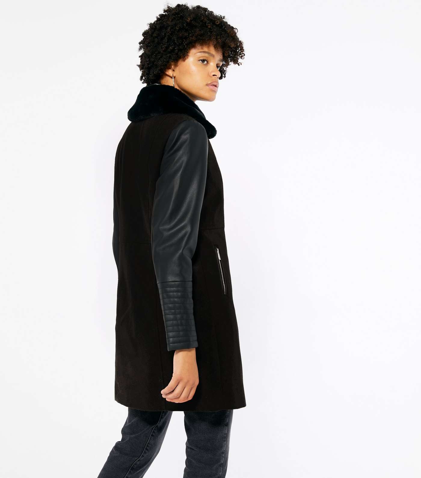 Black Leather-Look Sleeve Collared Coat Image 4