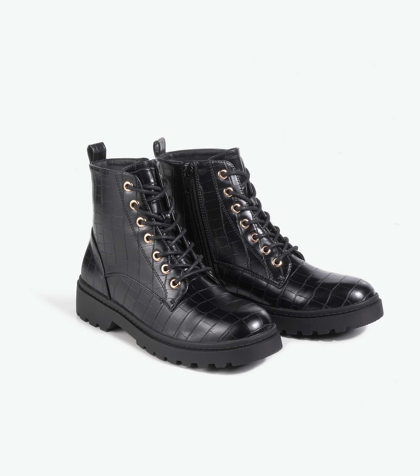 Girls Black Faux Croc Lace Up Chunky Boots  Image 2