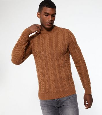 Image of Tan Cable Knit Crew Neck Jumper New Look