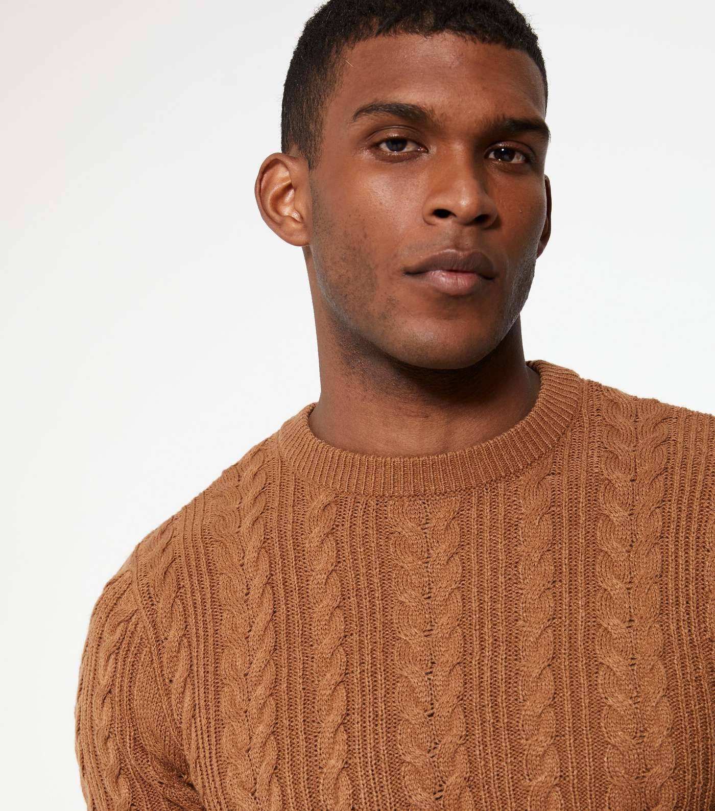 Tan Cable Knit Crew Neck Jumper Image 3