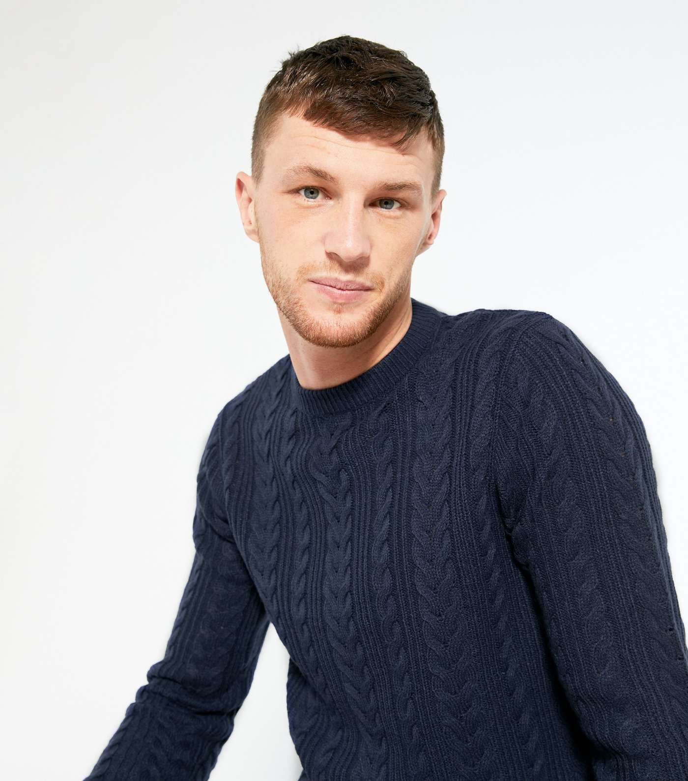 Navy Cable Knit Crew Neck Jumper Image 3