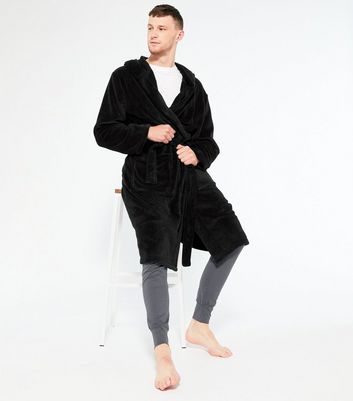 Image of Black Soft Fleece Hooded Dressing Gown New Look