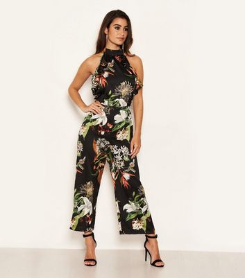 Image of AX Paris Black Satin Tropical Floral Frill Jumpsuit New Look
