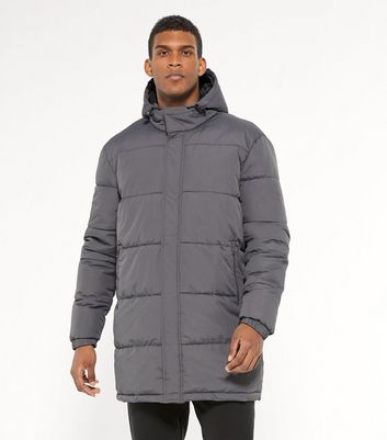 Image of Grey Hooded Long Puffer Jacket New Look