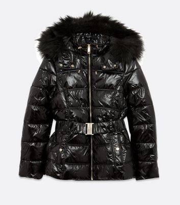 womens wet look coat with fur hood