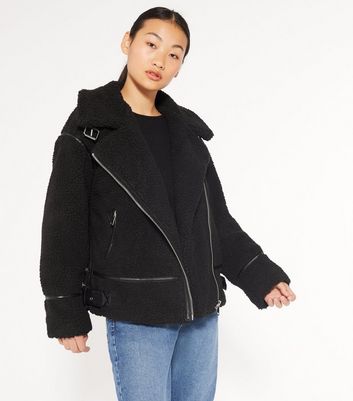 Petite Black Teddy Aviator Coat New Look
