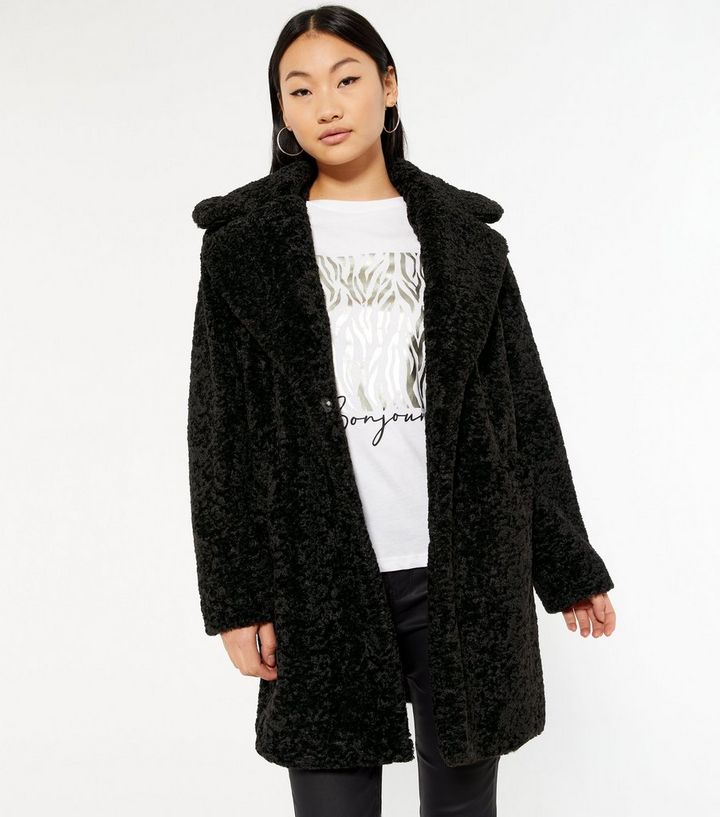 Petite Black Teddy Faux Fur Long Coat, Black Teddy Faux Fur Long Coat New Look