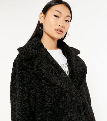 Petite Black Teddy Faux Fur Long Coat New Look