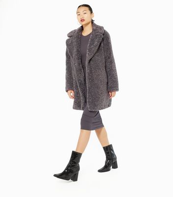 Petite Dark Grey Teddy Faux Fur Long Coat New Look