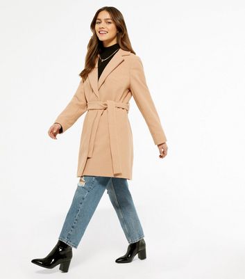 new look petite belted coat in camel