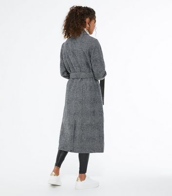 Petite Black Check Belted Long Coat New Look