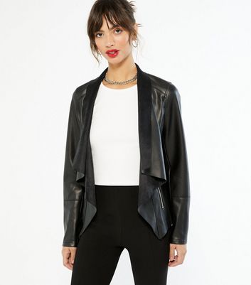 Black Leather Look and Suedette Waterfall Jacket New Look