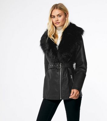 long black leather coat with fur collar