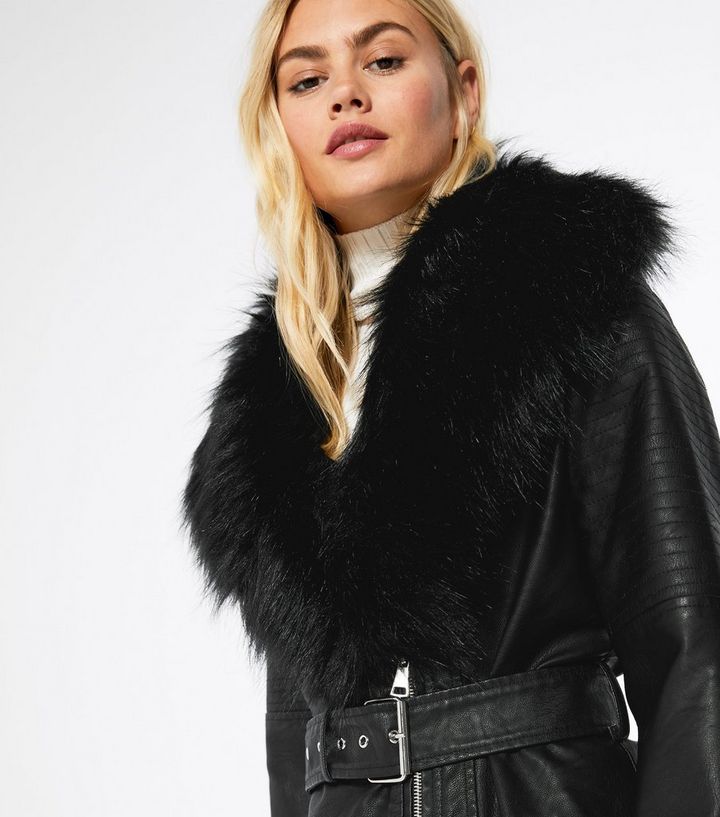 Black Leather Look Faux Fur Collar Belted Jacket New Faux Fur Collar Belted Jacket, Leather Belted Fur Trim Coat