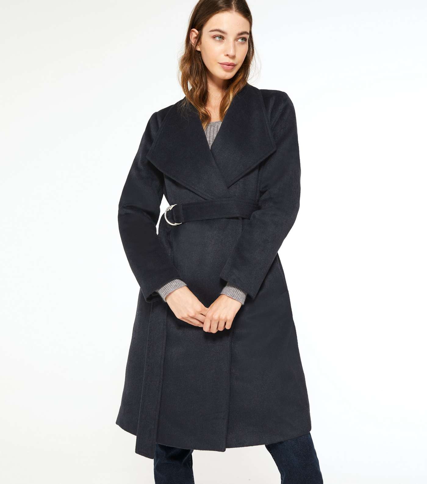 Navy Belted Long Collared Coat  Image 2
