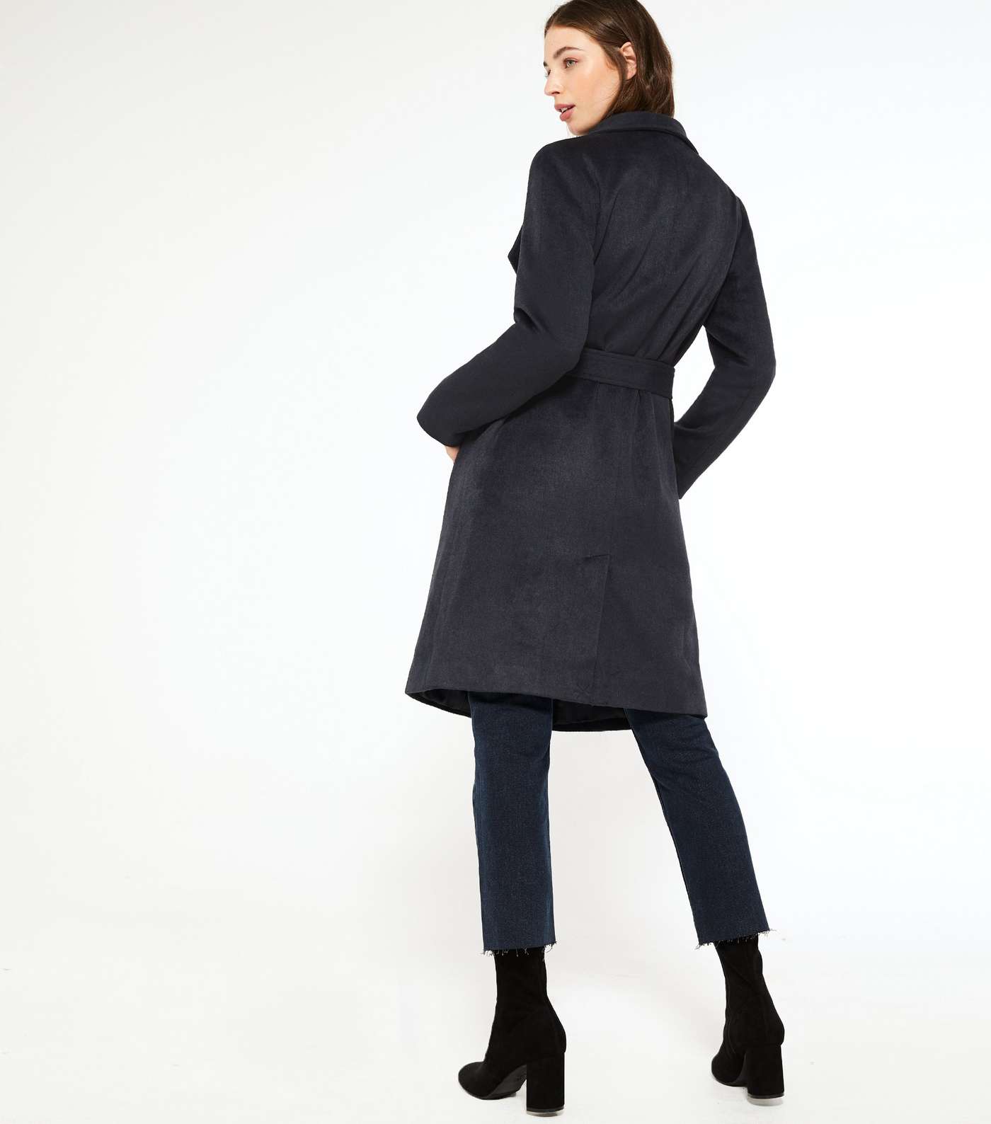 Navy Belted Long Collared Coat  Image 4