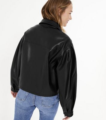 Black Leather-Look Cropped Shacket 