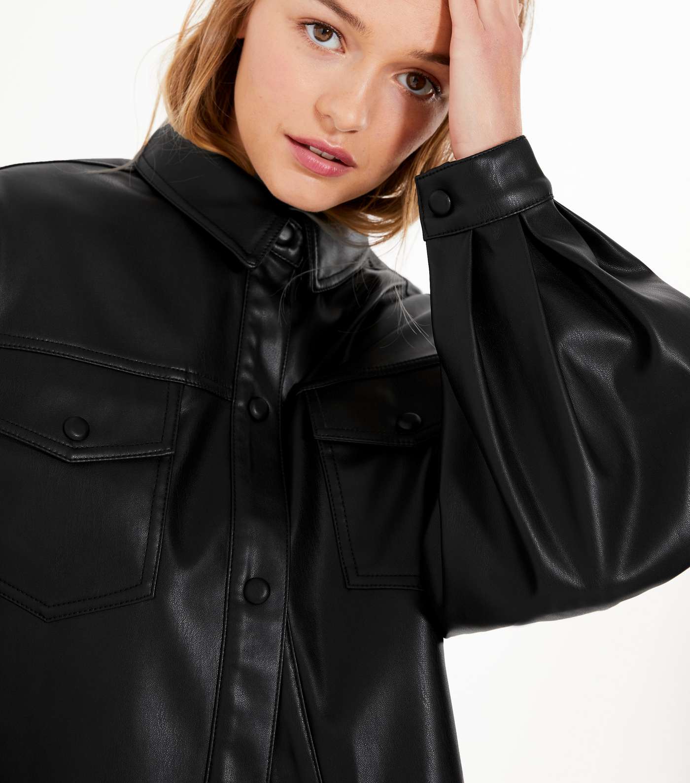 Black Leather-Look Cropped Shacket Image 4