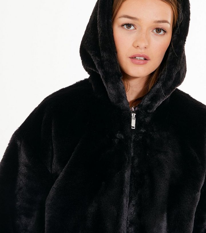 Black Long Hooded Faux Fur Coat New Look, Black Hooded Fur Coat Womens