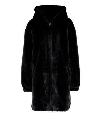 black long hooded faux fur coat