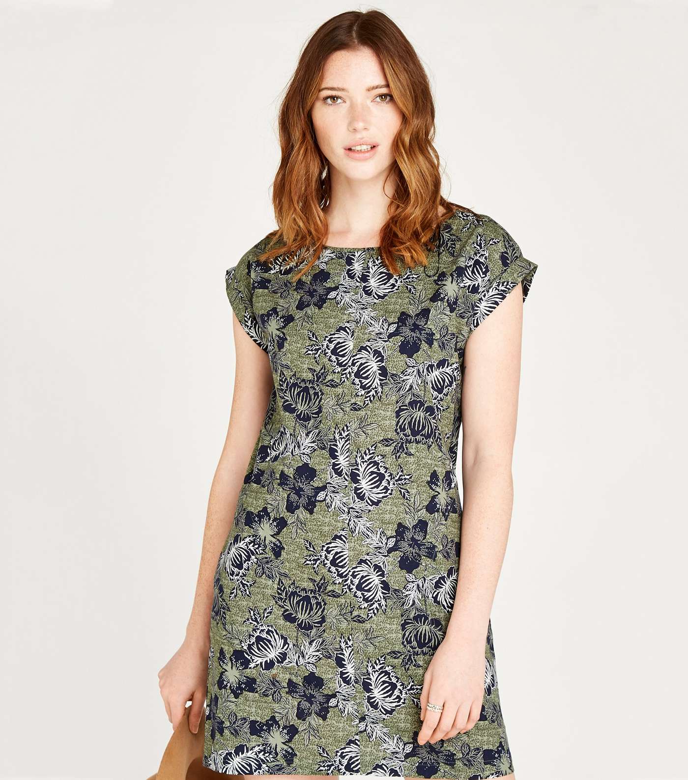 Apricot Olive Floral Cap Roll Sleeve Dress