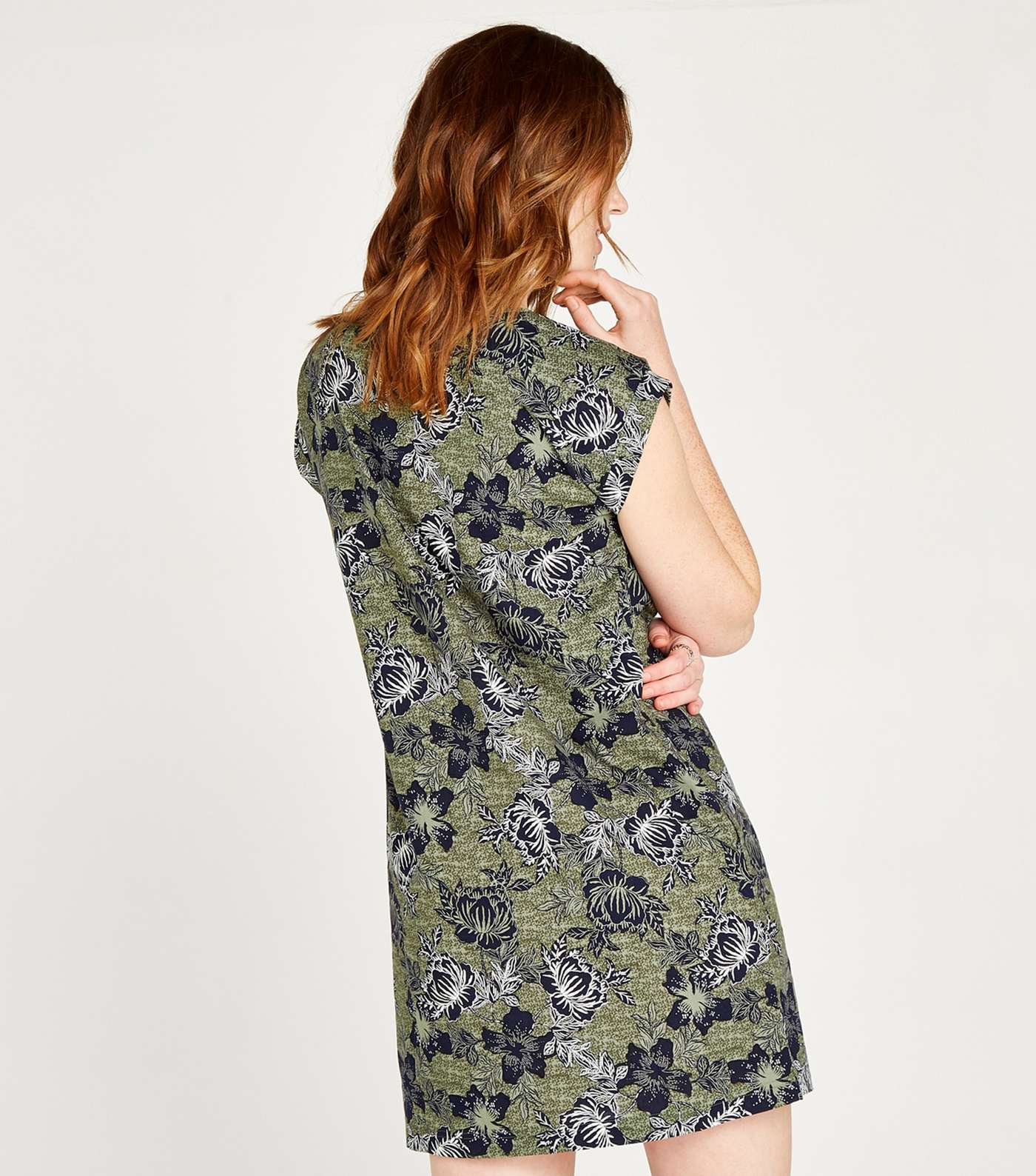 Apricot Olive Floral Cap Roll Sleeve Dress Image 3