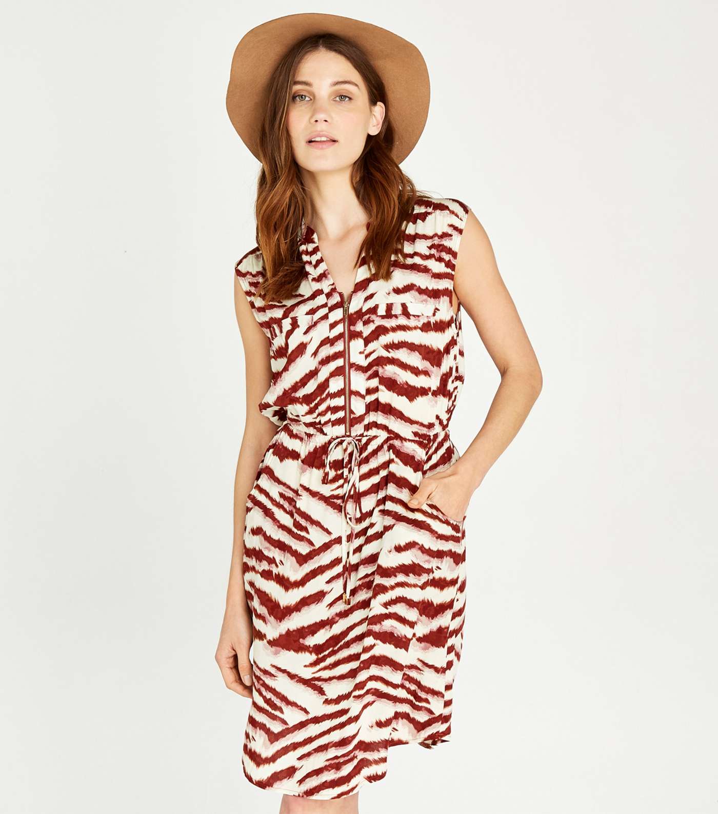 Apricot Rust Zebra Sleeveless Utility Dress 