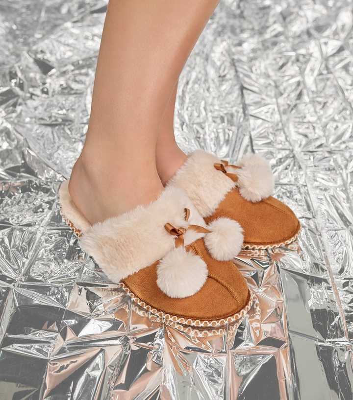 Tan Suedette Faux Fur Lined Mule Slippers