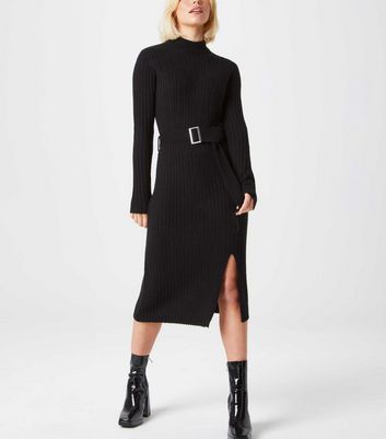 Image of Urban Bliss Black Ribbed Belted Thigh Split Dress New Look