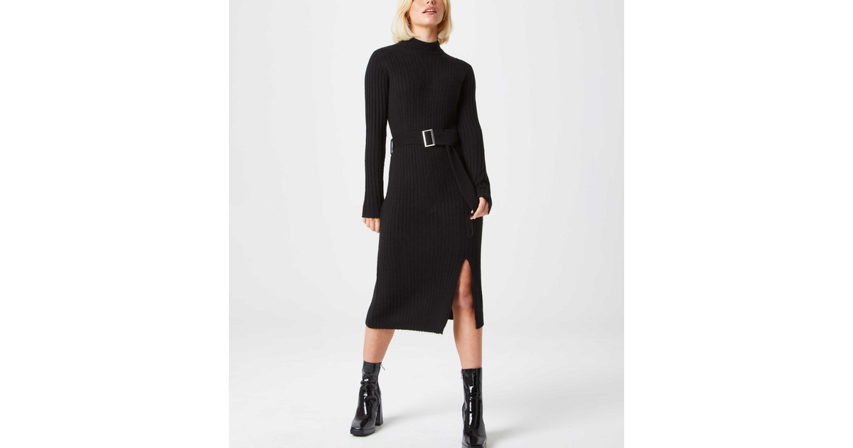 Urban Bliss Black Ribbed Belted Thigh Split Dress | New Look