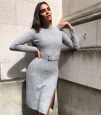 Urban Bliss Grey Ribbed Belted Thigh Split Dress