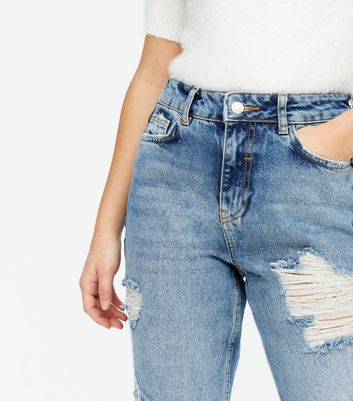 Petite Blue Roll Hem Ripped High Waist 
