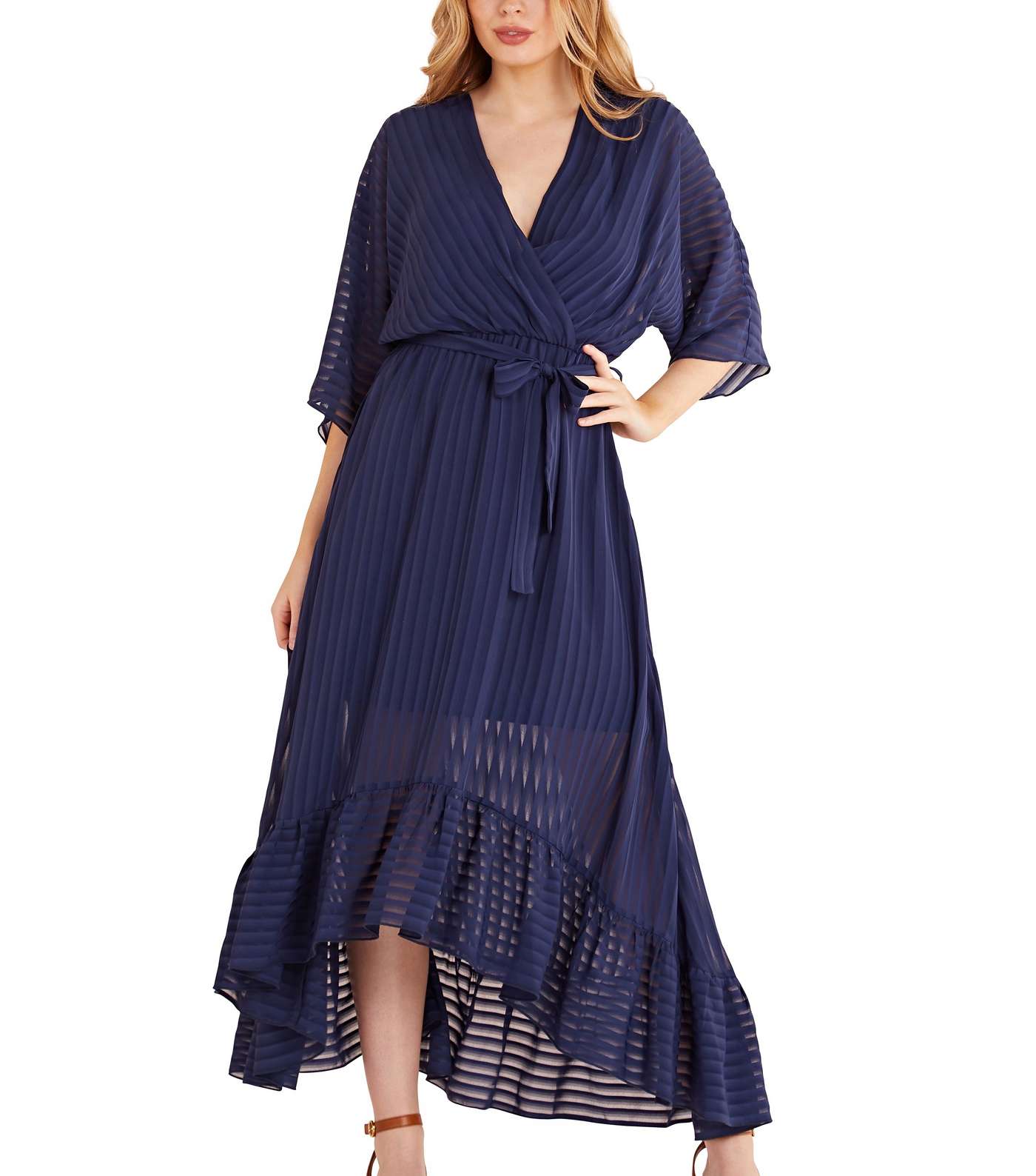 Mela Navy Stripe Chiffon Maxi Wrap Dress