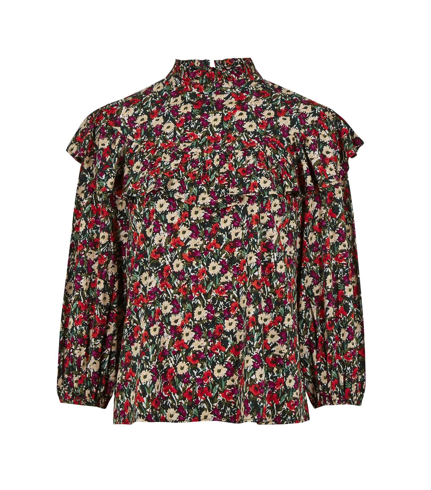 Red Floral Frill Trim High Neck Blouse
