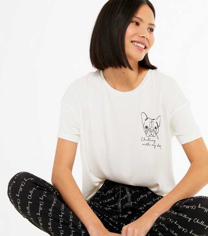Black Chilling With My Dog Slogan Soft Touch Pyjama Set 