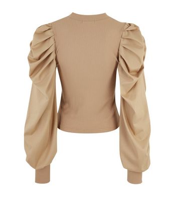Image of Pink Vanilla Camel Ribbed Puff Sleeve Jumper New Look