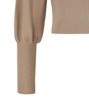Image of Pink Vanilla Camel Ribbed High Neck Puff Sleeve Jumper New Look