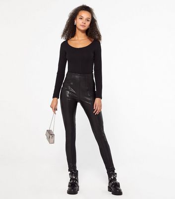 Black Seamed Leather-Look Leggings | New Look