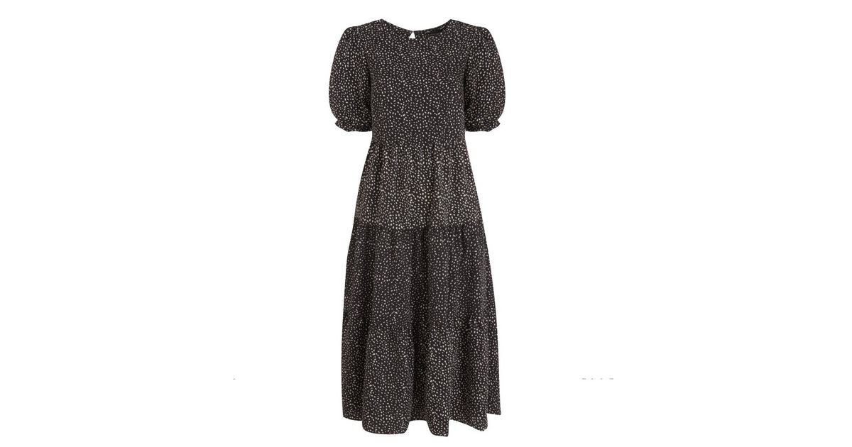 Black Abstract Spot Puff Sleeve Tiered Midi Dress | New Look