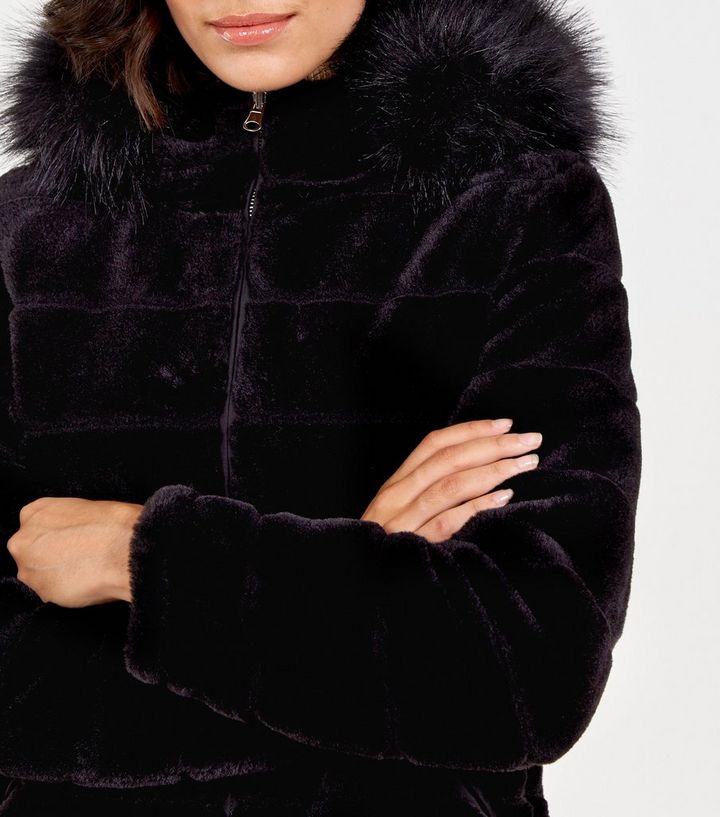 Blue Vanilla Black Reversible Faux Fur Jacket New Look Blue Vanilla Black Reversible Faux Fur, Blue Vanilla Black Faux Fur Hooded Puffer Coat