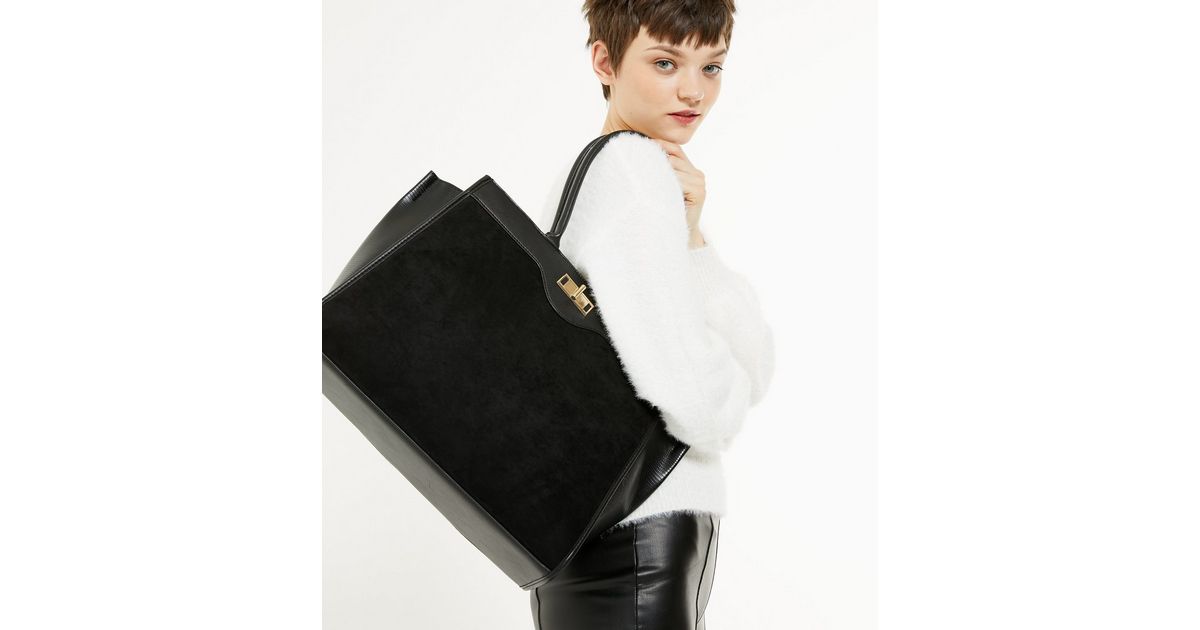 Black Suedette Panel Structured Tote Bag | New Look