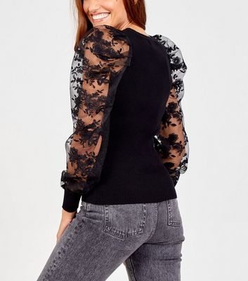 Image of Blue Vanilla Black Ribbed Floral Puff Sleeve Jumper New Look