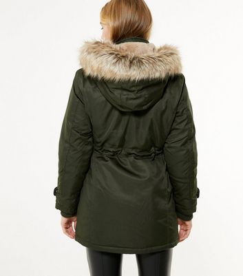 Petite Khaki Faux Fur Hooded Long Parka 