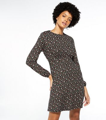 Image of Black Floral Soft Touch Smock Mini Dress New Look